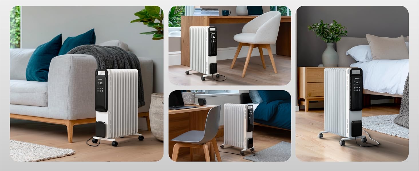 Розумний електричний масляний радіатор Pro Breeze 2500W, 11 секцій, керування через WLAN/App, з термостатом, таймером на 24г та сенсорним дисплеєм, білий