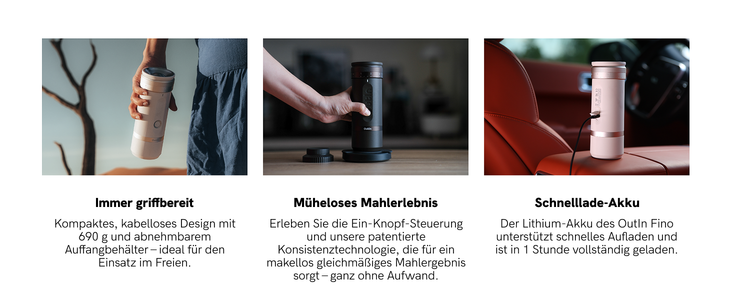 Портативна електрична кавомолка OutIn Fino з конічним жорнами - 28 ступенів помелу, конус з нержавіючої сталі, керування однією кнопкою, швидка зарядка, для подорожей та дому, Tundra Brown