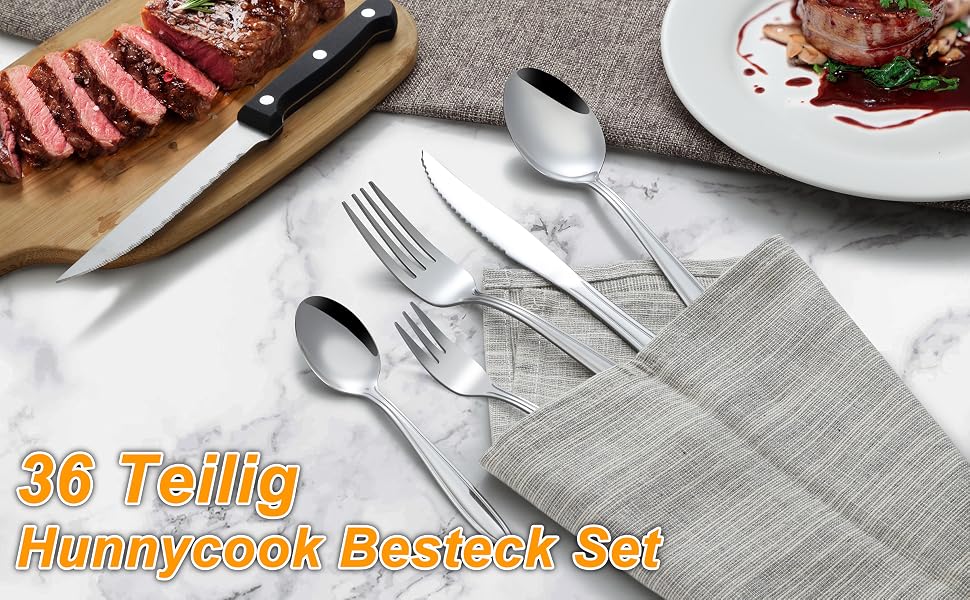 Набір столових приборів Hunnycook 60 предметів з нержавіючої сталі на 12 осіб. Елегантний набір ножів, виделок, ложок з лінійними ручками для дому, ресторану, вечірок. Придатний для миття в посудомийній машині.