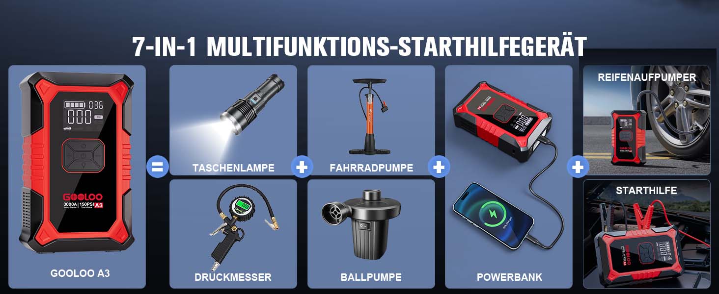Пусковий пристрій GOOLOO A3 Jump Starter 3000A з компресором 150 PSI та функцією Powerbank