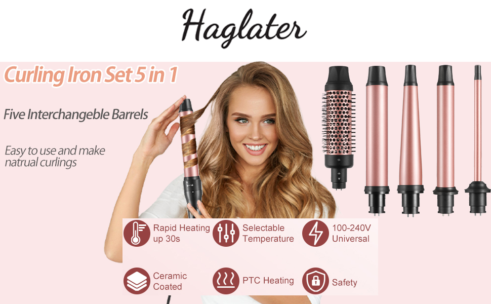 Локкенштаб 5 в 1 Haglater: Керамічний локкенштаб з насадками для великих та маленьких локонів (9-38 мм)