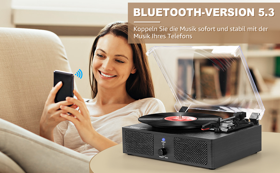 Вініловий програвач Udreamer з Bluetooth, вбудованими динаміками та ремінним приводом, 3 швидкості, дерев'яний корпус, чорний, вінтажний дизайн для музики та декору