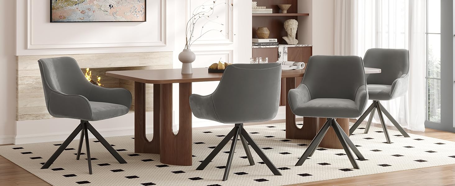 Обідні стільці поворотні, комплект 6 шт. з підлокітниками, сучасний дизайн, металевий каркас, для кухні, вітальні, офісу, бежевий/світло-сірий (льон/велюр)