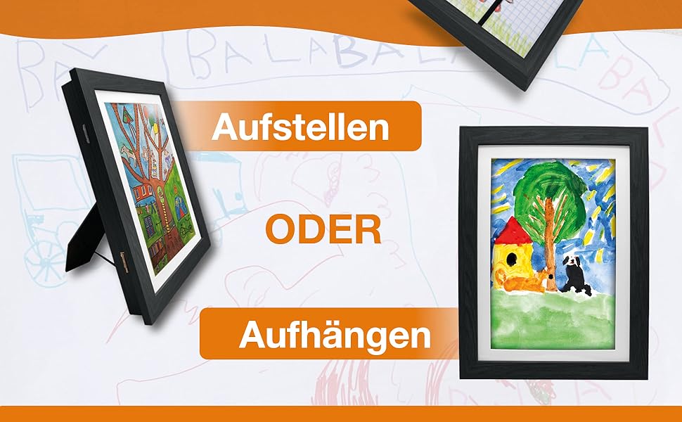 BALA® Преміум рамки для фотографій - 2 шт. A4, для дитячих малюнків та творчих робіт, з фронтальною відкриваністю та кріпленням для підвішування або встановлення, вміщують 120+ зображень (Чорний)