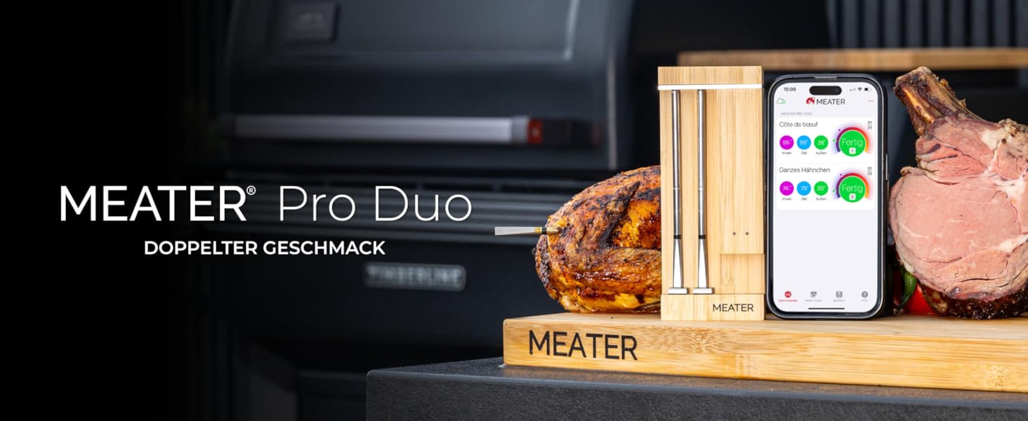 MEATER Pro Duo: Розумний термометр для м'яса | Висока термостійкість 550°C | Велика дальність | Сертифікована точність | Для приготування на грилі, в духовці, мангалі, коптильні, фритюрниці | 50+ рецептів в додатку