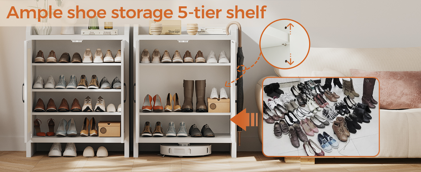 Шафа для взуття 5-ярусна в стилі ф armhouse з 2 дверцятами, вільного стояння з регульованими полицями та металевими кутовими прикрасами для передпокою та коридору, білий колір (ротанг, білий)