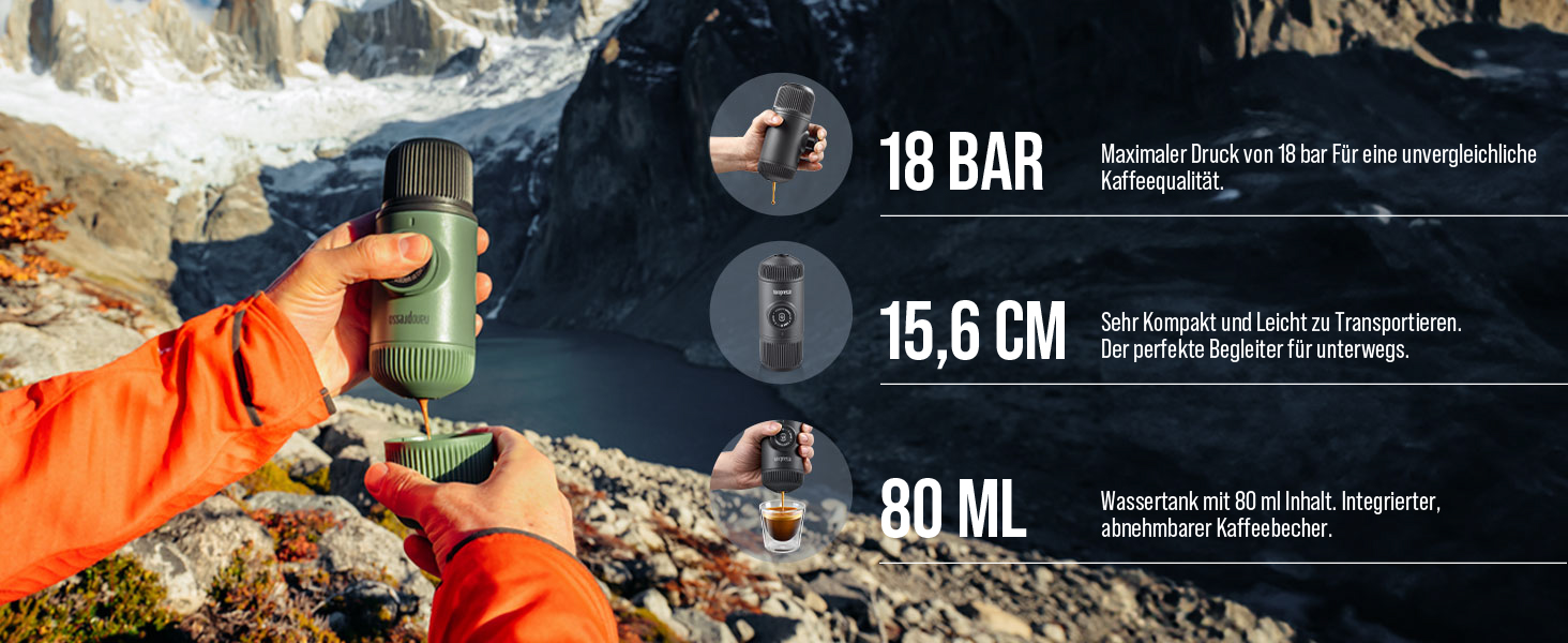 WACACO Nanopresso: портативна кавомашина для еспресо, чорна, 80 мл