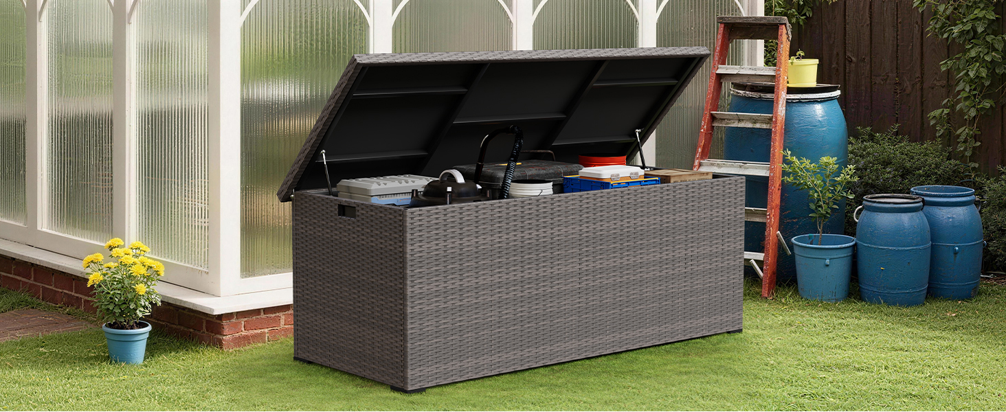 Водонепроникний садовий ящик Amopatio Gartenbox 650л з поліротангу для подушок, металевий ящик для зберігання з газліфтами для саду та балкону, сірий