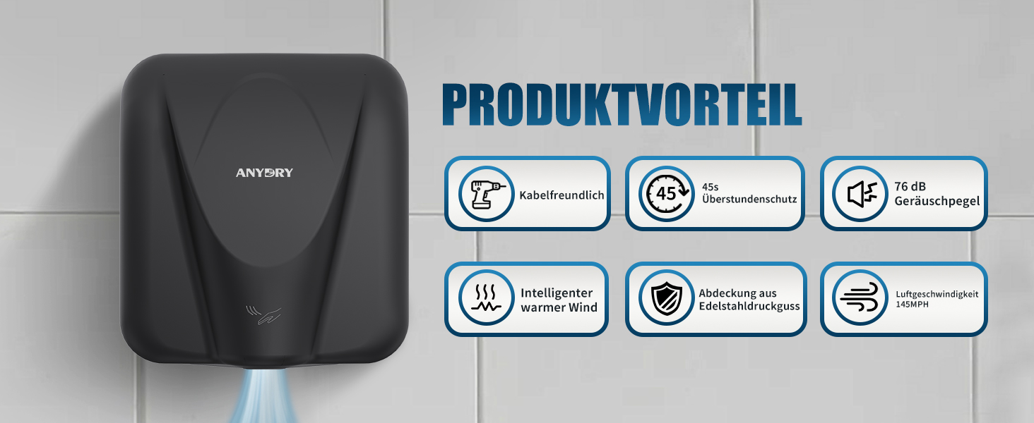 Anydry 2812 - Електричний сушар для рук AnyDry, для комерційного використання, нержавіюча сталь, швидка сушка (7-10 сек), 1600W, чорний (Brushed)