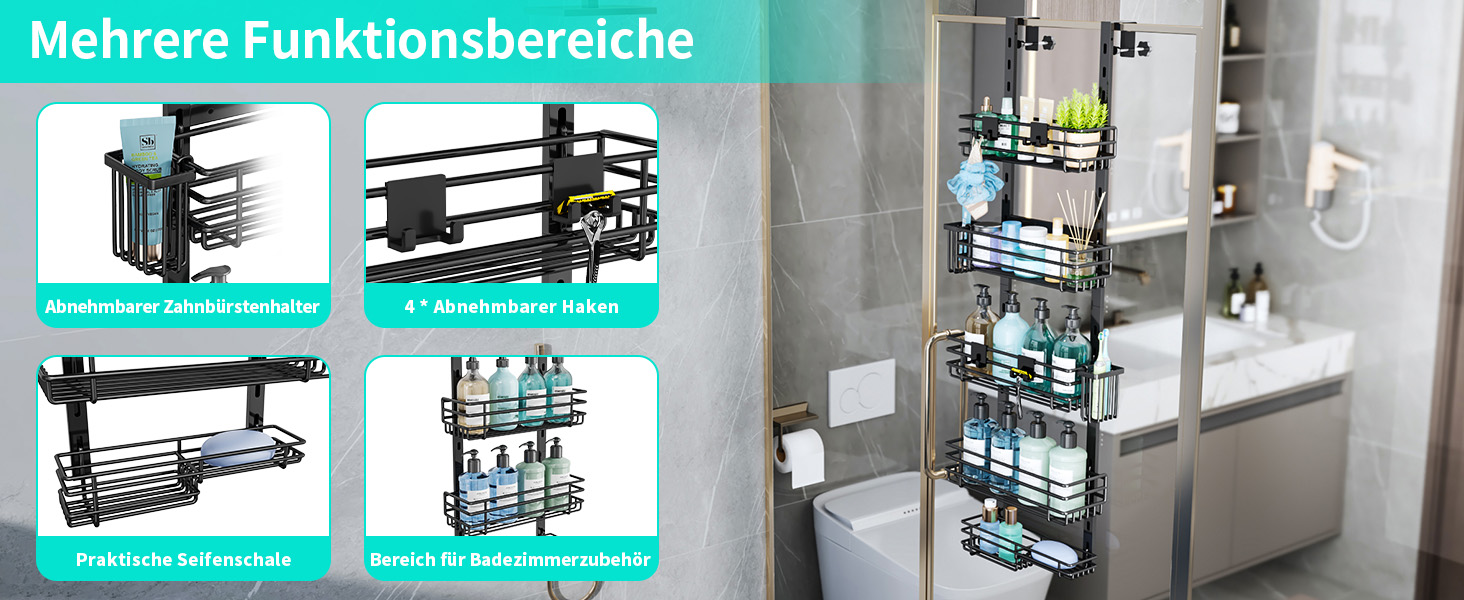 Дзеркальна поличка для душу HapiRm на двері з 22 гачками та тримачами для зубних щіток - 5 ярусів (Чорний)