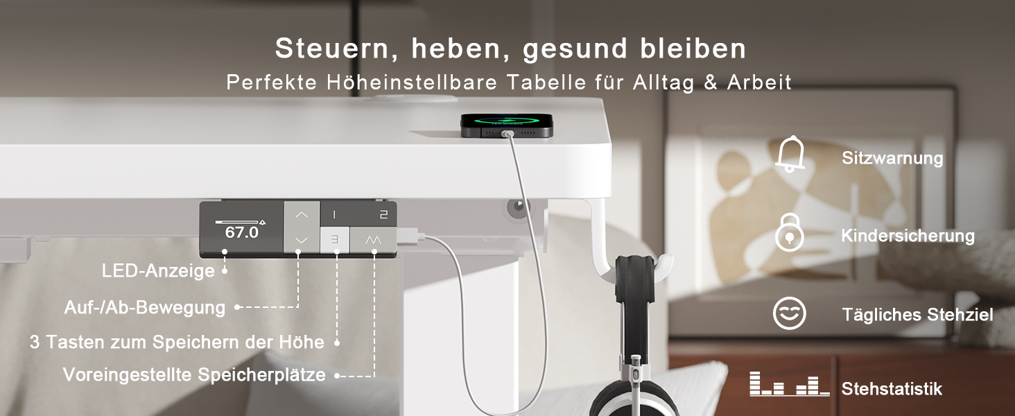 Електричний підйомний стіл Devoko 160x80 см, ергономічний комп'ютерний стіл для роботи стоячи та сидячи, подвійний мотор, пам'ять, USB-C, білий