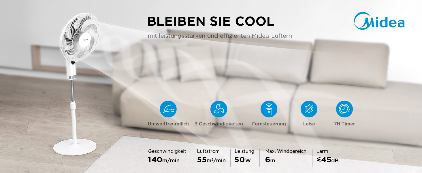 Вентилятор підлоговий Midea FS40-23MR з пультом, 3 швидкості, телескопічна висота, 90° поворот, 7 лопатей, LED-дисплей, білий