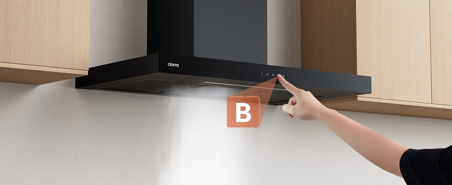 Витяжка кухонна CIARRA CBCS9102 A+++ 90 см, нержавіюча сталь/чорний, потужність 650м³/год, з вугільним фільтром CBCF003, сенсорне керування, настінна