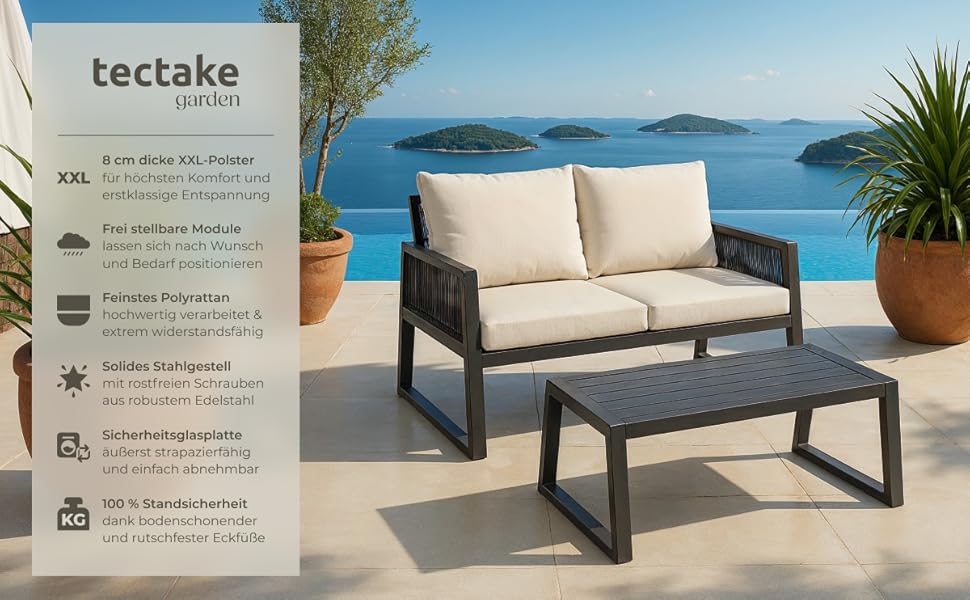 Набір садово-розсудних меблів tectake® Rope Design для саду/балкону: 2 крісла, диван, стіл з імітацією дерева, 4 посадочні місця, з подушками, вологостійкий