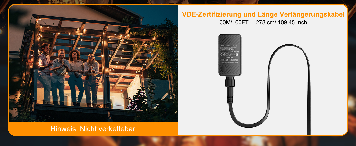 Льотна гірлянда Kawaya 10 метрів, LED, для вулиці, з 15+1 лампочками, IP65, вологостійка, тепле світло, для балкона, тераси, саду, вечірки, вологостійка