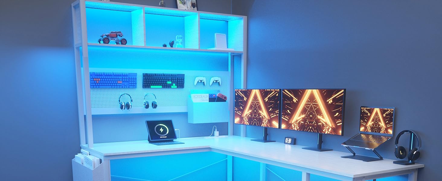 Ігровий кутовий стіл Dowinx з LED-підсвічуванням, 120x148 см, білий, з розетками та USB