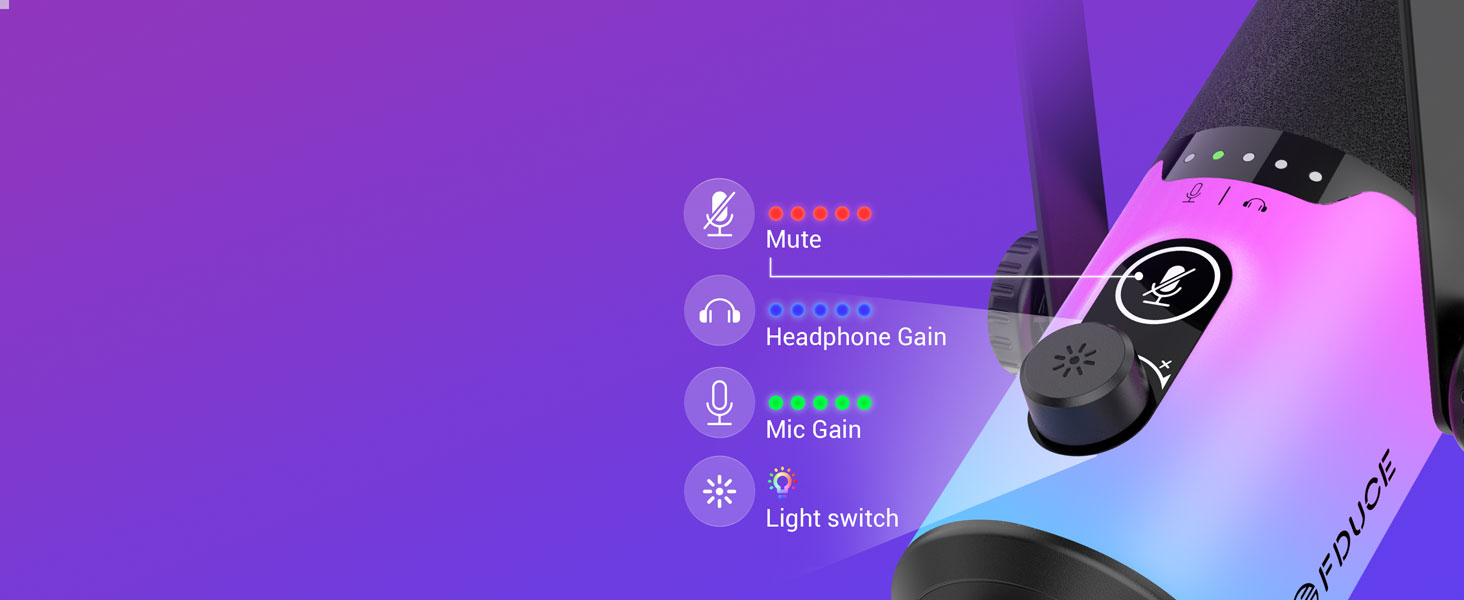 USB/XLR мікрофон для геймінгу та запису голосу FDUCE з RGB підсвічуванням, регулятором посилення та навушником.