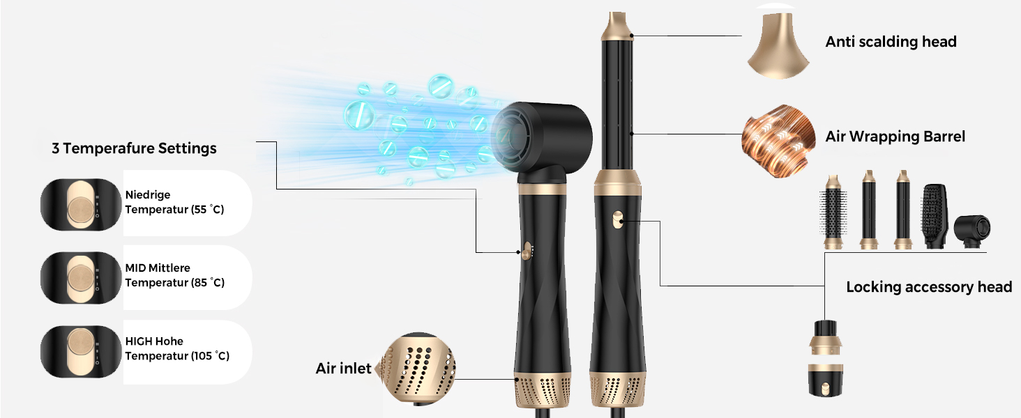 UMIGA Airstyler 5 в 1: Фен-щітка, кругла щітка, плойка та випрямляч для волосся 1000 Вт, 3 режими нагріву, рожево-чорний