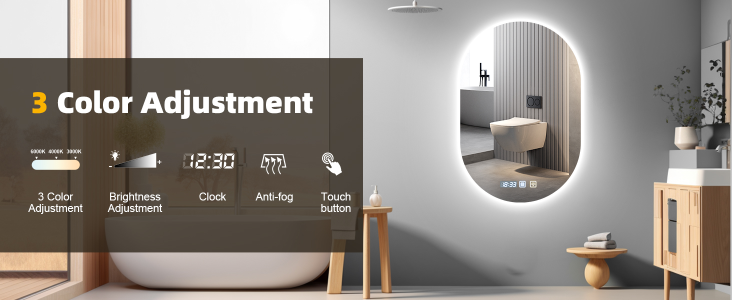 Дзеркало для ванної кімнати Worshow з підсвічуванням 50x70 см, прямокутне, LED, з підігрівом, 3 колірні температури, таймер, пам'ять, сенсорне керування