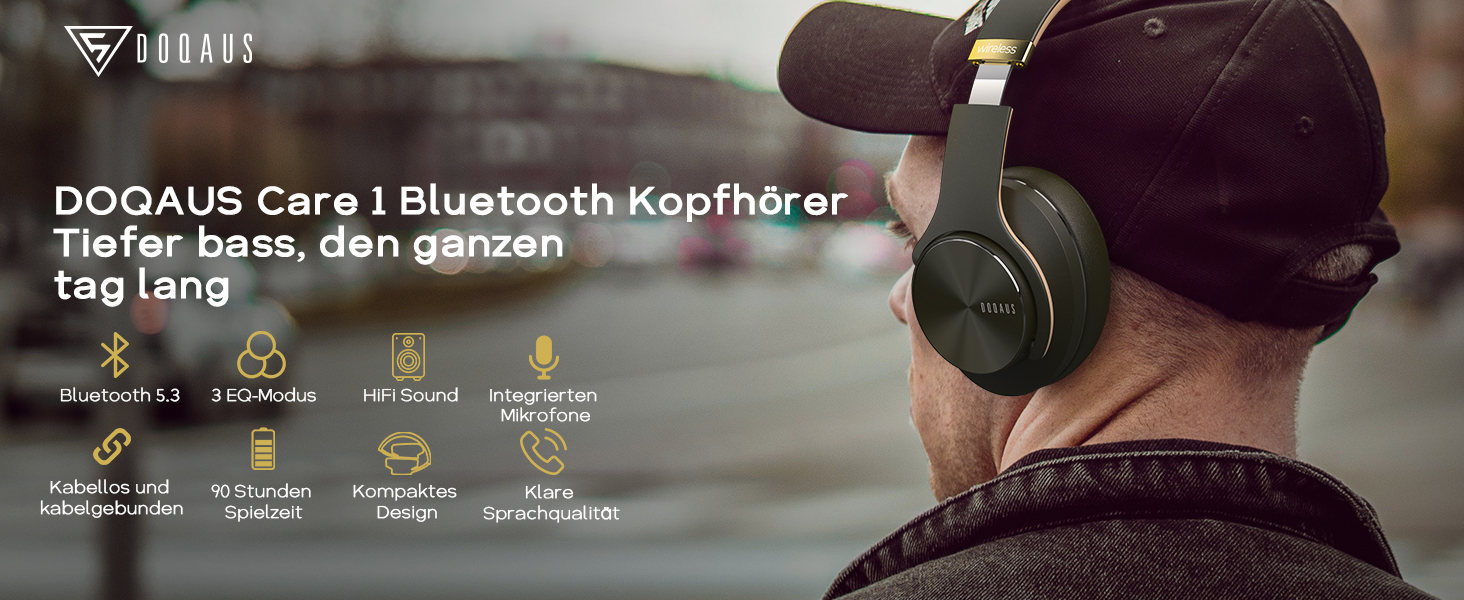 Накладні навушники DOQAUS Bluetooth, 90 годин, 3 режими еквалайзера, HiFi стерео, Складні, Мікрофон, Зелений