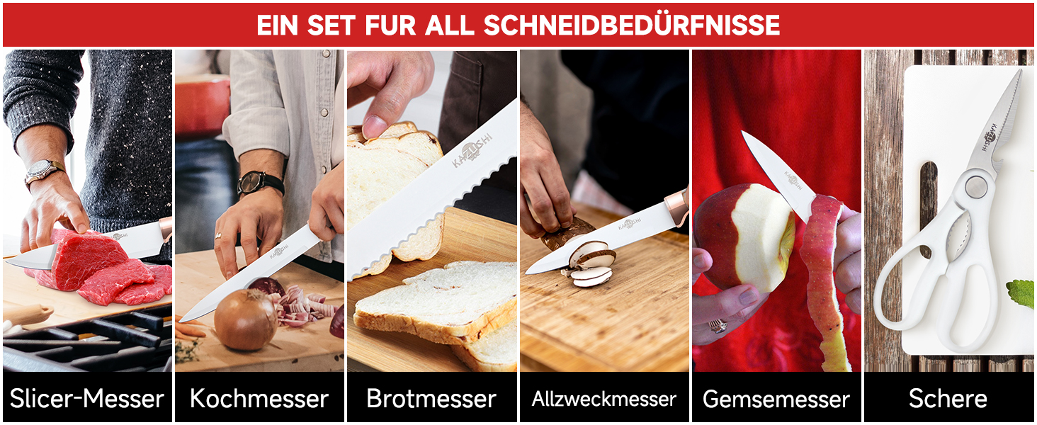 Набір кухонних ножів Messerblock Set: 7 предметів з нержавіючої сталі з дерев'яним блоком та точильним каменем. Професійний кухонний набір, подарунок.