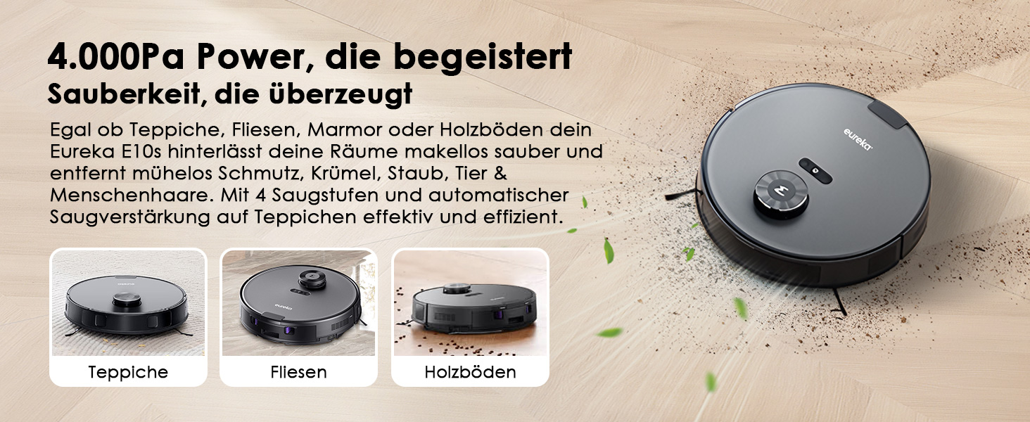 Робот-пилосос EUREKA E10s 2.Gen з вологою ганчіркою + станція самоочищення (4000Pa, LiDAR, автопідйом мопа, розпізнавання килима, керування через додаток/голос), чорний