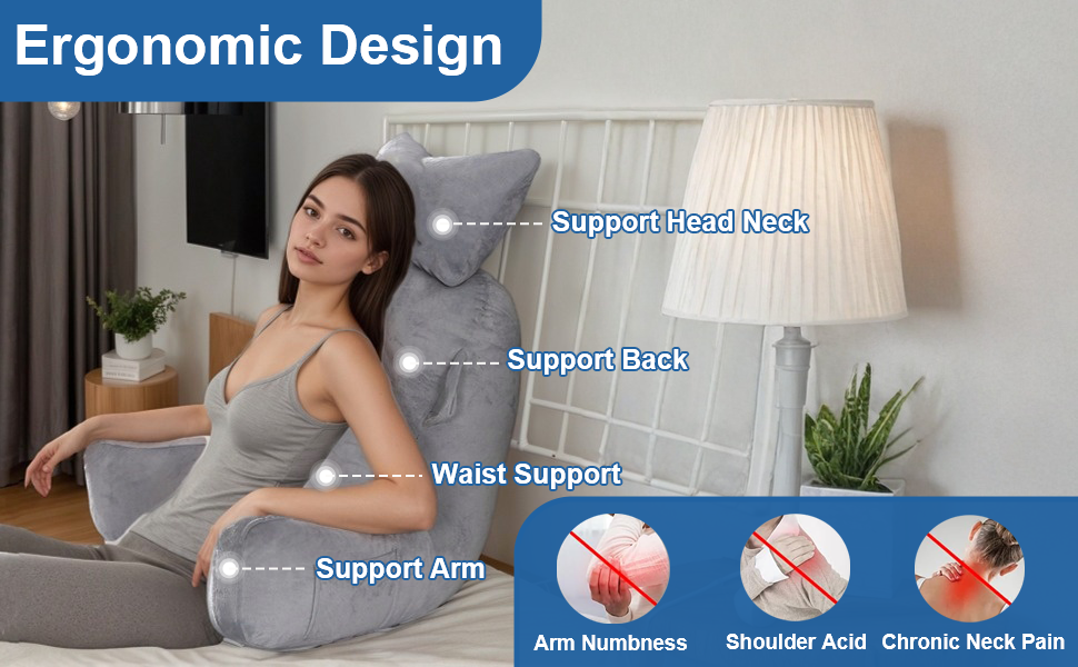 Лежак для читання в ліжко, 90 x 80 см (ДxВ) XXL подушка для спини, диван для дорослих з підлокітниками та знімною подушкою для шиї, спинка для читання з кишенею для ліжка, дивану, підлоги та стільця, світло-сірий