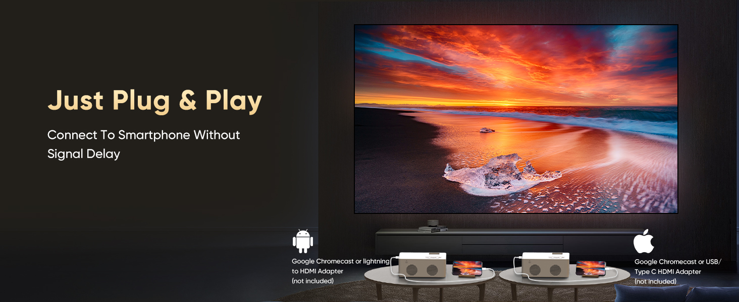 Mini проєктор Bluetooth Full HD 1080P: портативний проєктор для iOS, Android, Windows з пульт, 50% зум