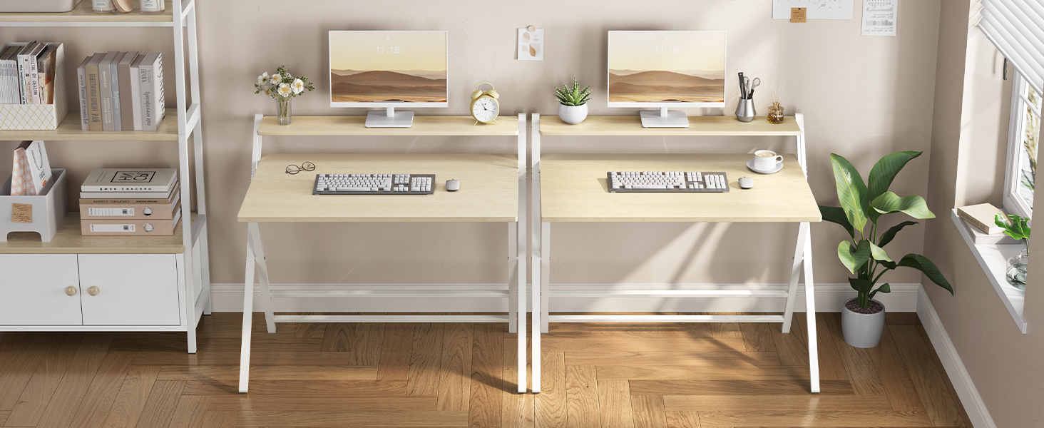 Злагоджений стіл Yaheetech Klappbar, 80 см, комп'ютерний стіл з полицею, двоступінчастий робочий стіл з підставкою для монітора, стіл для ноутбука для домашнього офісу/маленьких кімнат/вітальні, білий/80 см Д × 50 см Ш, білий (світлий колір дерева, 106.5x60.5x90 см)