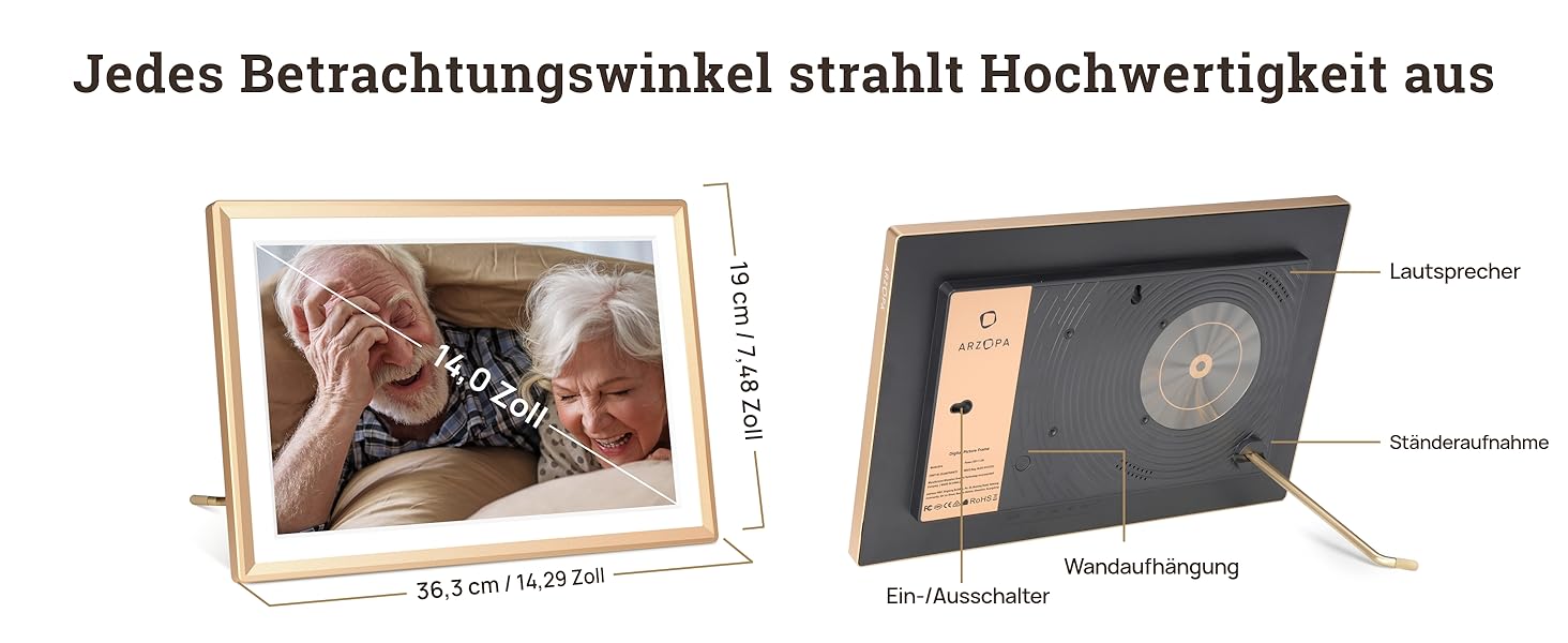 Цифровий фоторамка ARZOPA 14 дюймів: Металевий корпус, хмарне сховище, FHD 1920x1200, сенсорний екран, для подарунків