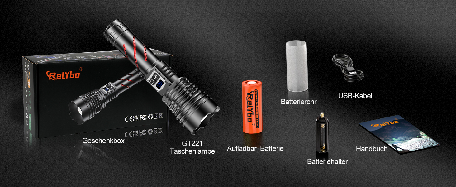 Потужний тактичний ліхтар Relybo LED, 1000000 Люмен, акумуляторний з USB-зарядкою, регулювання яскравості, водонепроникний для кемпінгу та екстрених ситуацій, чорний