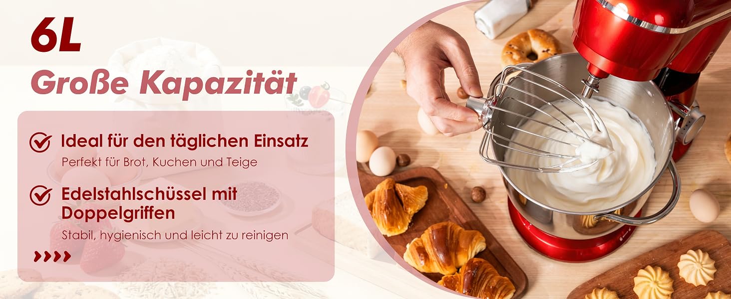 Кухонний комбайн Kitchen in the box Fab-Serie 6L: потужний планетарний міксер 1300 Вт, 10 швидкостей, з набором насадок (гак, вінчик, міксер), червоний