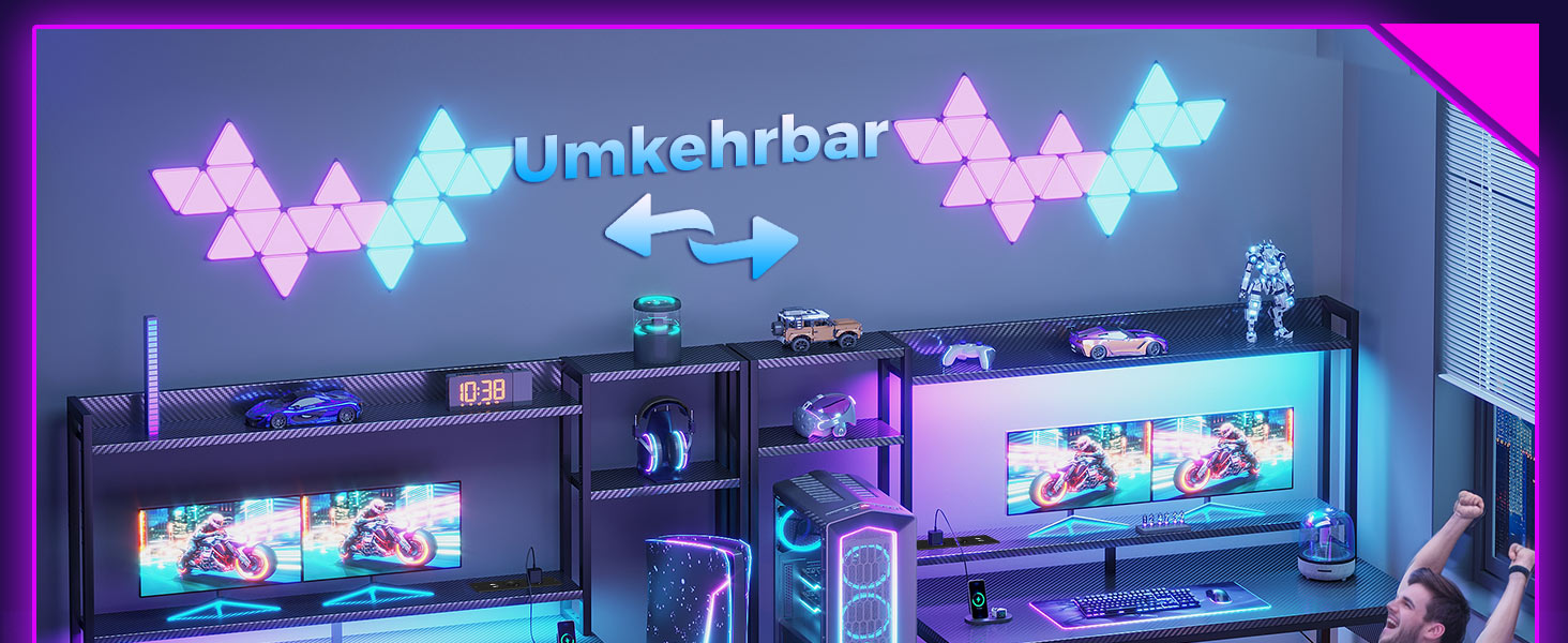 Ігровий стіл Coleshome з полицею та шухлядами, 137×48 см. Стіл для ігор з LED-підсвічуванням, розеткою, полицями та підставкою для монітора. Вуглецеве волокно, чорний колір