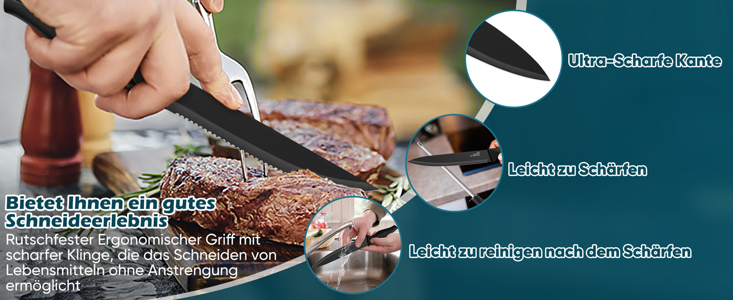 Набір ножів Homikit 15 предметів з підставкою: кухонні ножі з нержавіючої сталі, веточки, 6 ножів для стейків, чорний