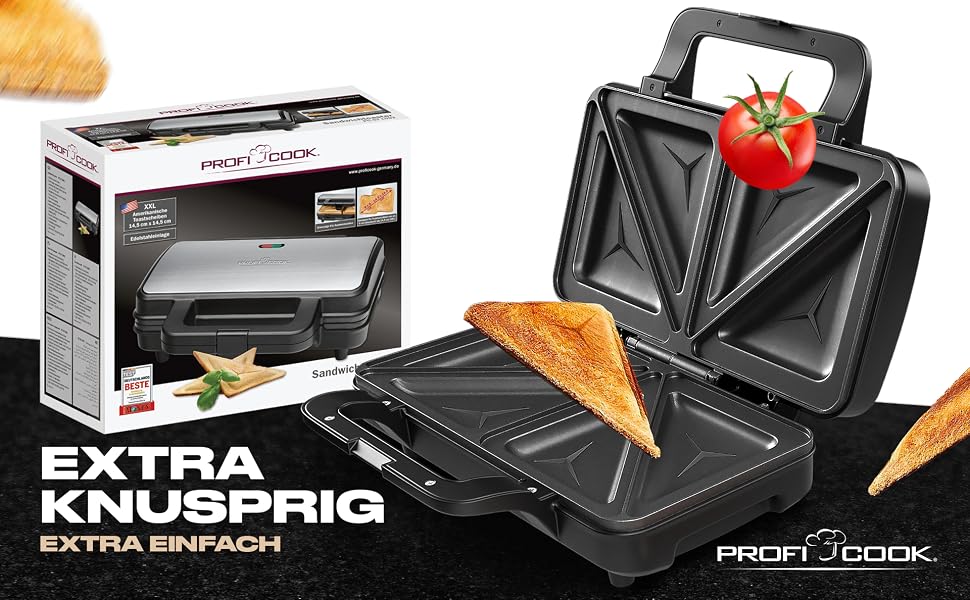 Електричний сендвічмейкер ProfiCook PC-ST 1092 для американських сендвічів XXL, антипригарне покриття, 900 Вт, сріблясто-чорний
