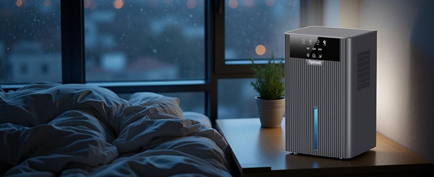 Електричний осушувач повітря Tipkook, 2400 мл, автоматичне відтавання, 10 кольорів підсвічування, таймер 8/12/24 год, ≤35 дБ, портативний для ванної, спальні, кухні, шафи, сірий