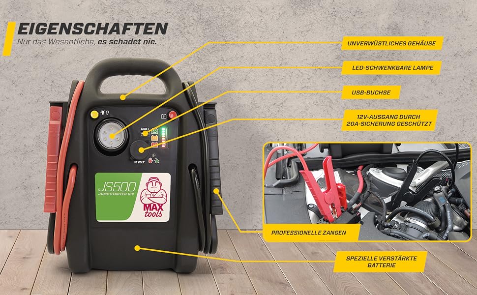 Бустер для авто MAXTOOLS JS500 2200A 22Ah: пусковий пристрій (джампстартер) для 12V дизельних та бензинових двигунів, Powerbank з LED-ліхтарем та USB
