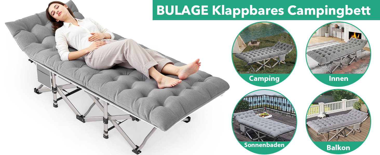 Розкладне ліжко для кемпінгу з матрацом та сумкою-переноскою, посилене (до 208 кг), XL 190x71x35 см, сіре