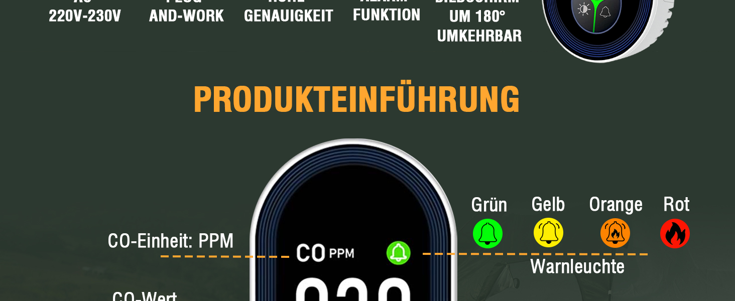 Виявлювач CO з HD-дисплеєм для дому та кемпінгу: 3-в-1 (CO, температура, вологість)