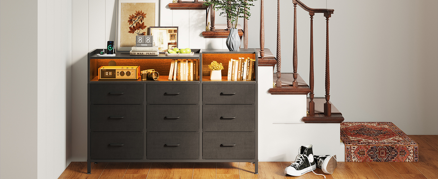 Комод ODK з шухлядами, 2 розетки, 2 USB, 10 LED-смужок, полиця, стільниця, 9 тканинних шухляд, чорний колір, 130x30x97 см