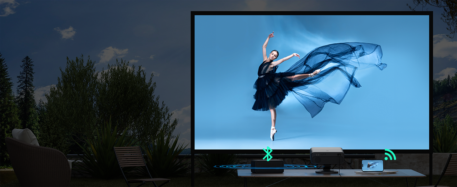 Проектор VISSPL A-28000L 4K з автофокусом та корекцією трапецеїдальних спотворень, 28000 Люмен, WiFi6, Bluetooth, Dolby Audio, Netflix, для домашнього кінотеатру та на відкритому повітрі