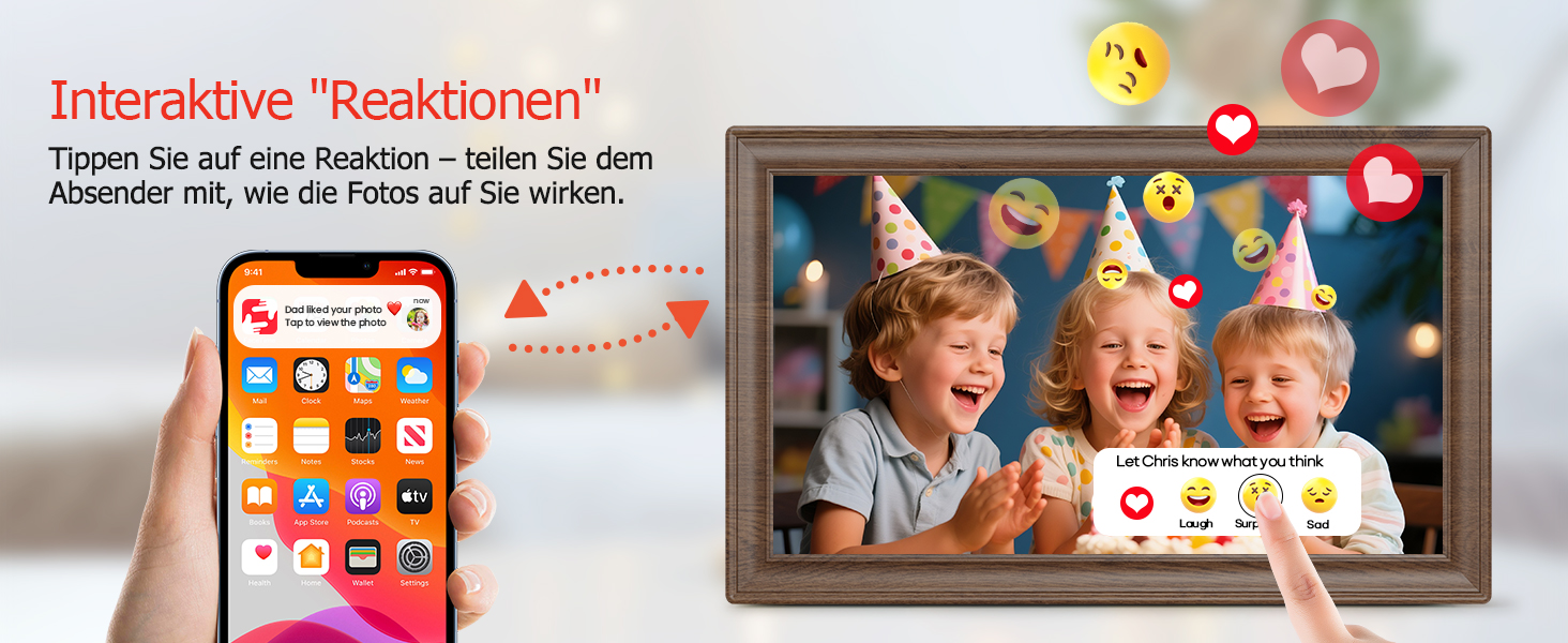 Цифровий фоторамка Frameo 10.1 дюйма з Wi-Fi, сенсорний IPS екран HD 1280*800, 32GB пам'яті, автоповорот, підтримка Frameo App для зручного обміну фото та відео, корпус з дерева (15.6 дюймів)