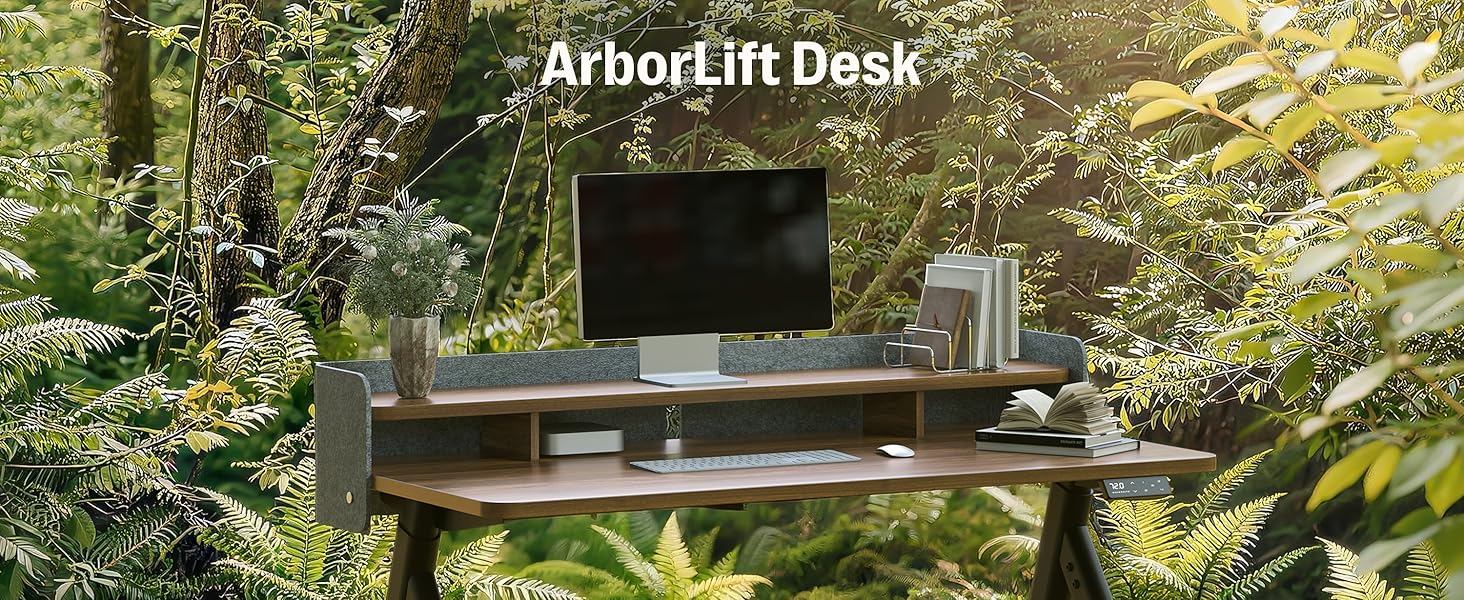 Електричний стіл MAIDeSITe Arbor Lift 140x70 см, регульований по висоті, чорний/горіх, з монітором та акустичною перегородкою