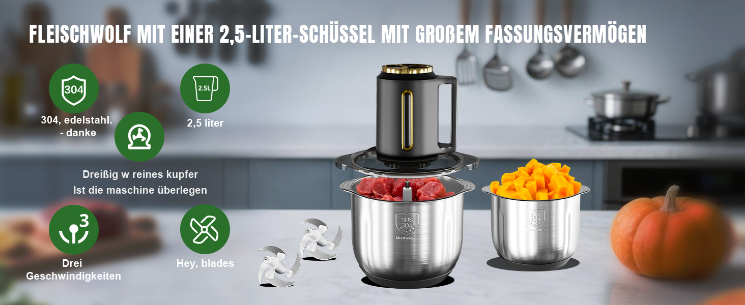 Електричний подрібнювач для кухні 2.5л, мультиподрібнювач 300W з 2 запасними лезами, 3 швидкості, придатний для миття в посудомийній машині, нержавіюча сталь 304, для дитячого харчування, овочів, фруктів, м'яса