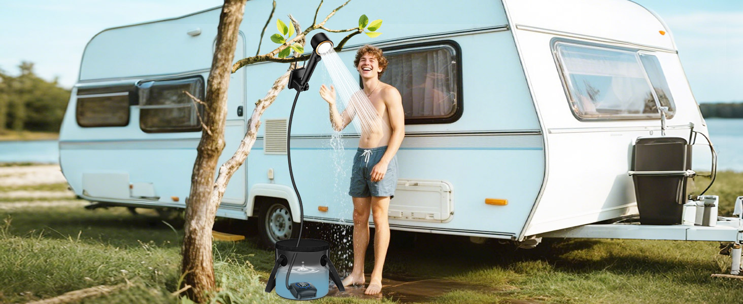 Портативна душ для кемпінгу AUTOPkio з акумулятором 8000mAh, насосом та дисплеєм, IPX8, чорний