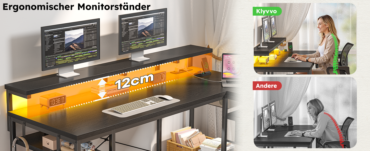 Ігровий стіл L-подібний з LED підсвіткою, 3 шухляди, USB-порт, розетка, чорний 140x80 см
