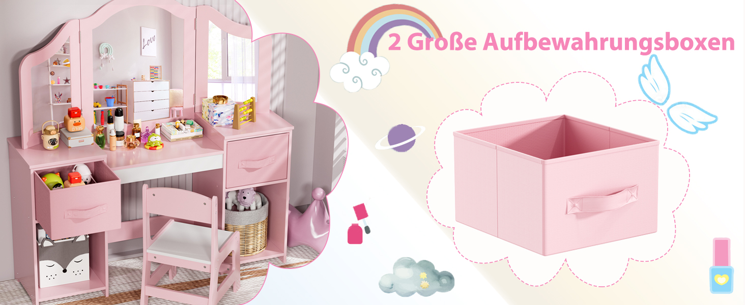 Дитячий туалетний столик MAMIZO 2 в 1 з дзеркалом та пуфом, рожево-білий (108x30x114 см)