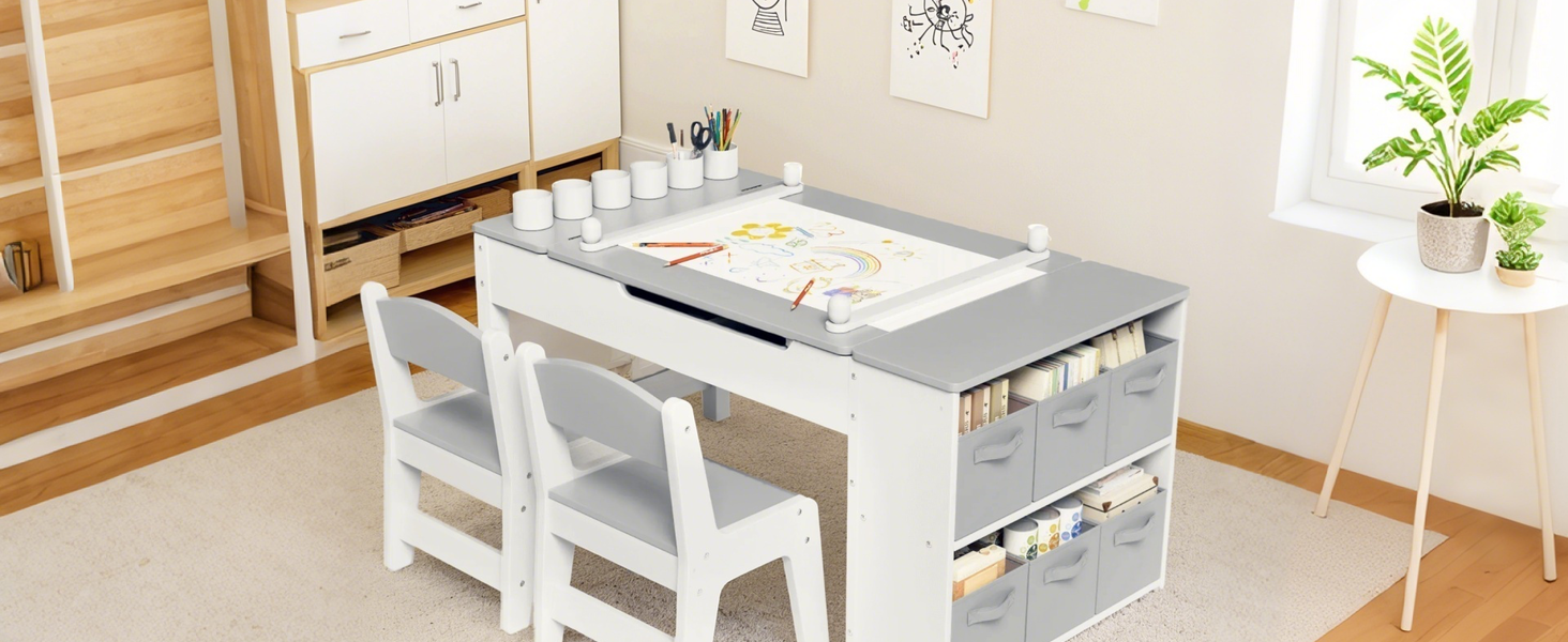 Дитячий стіл MAMIZO з 2 стільцями: дерев'яний стіл для ігор з місцем для зберігання, комплект меблів для дітей 3+ (сірий)