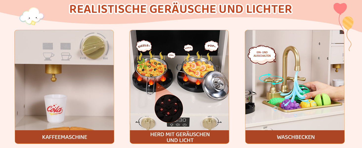Дерев'яна дитяча кухня MAMIZO з підсвіткою та звуком, 90x30x90 см. Комплект з аксесуарами та 2 ящиками для зберігання. Іграшка для дітей від 3 років, бежевого кольору