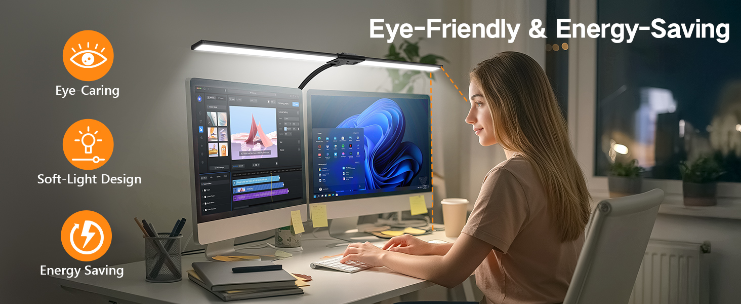 OUTON LED лампа для столу з двома головками, 85.5 см, 1600 люмен, сенсорне керування, регулювання яскравості, 5 температур кольору, таймер, пам'ять, захист очей, кріпиться за допомогою затискача, для офісу та дому, чорний